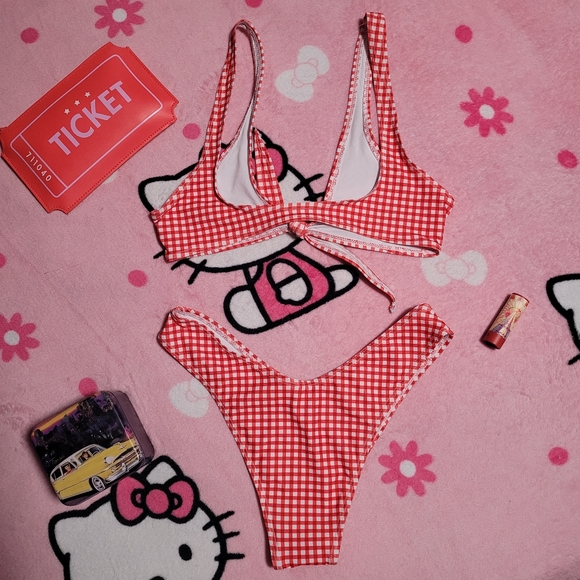 Zaful Swim Gingham Bikini Red White Women's Size 4 S Small High Rise Tied Bow - Picture 2 of 6